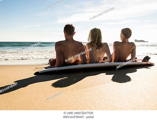 Friends with surfboard at the sea