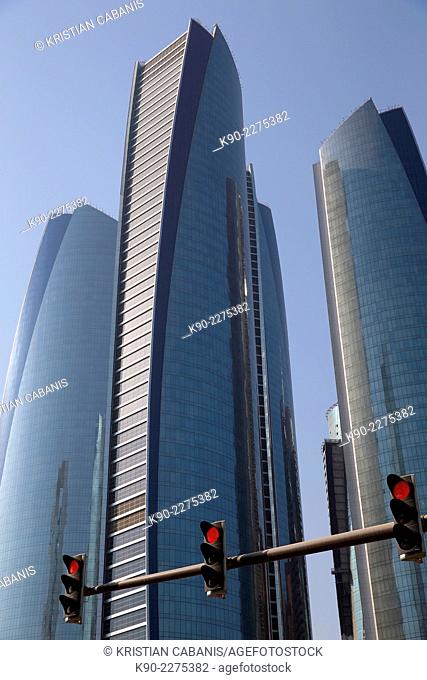 Red traffic lights in front of Jumeirah Etihad Towers, Abu Dhabi, United Arab Emirates, Asia