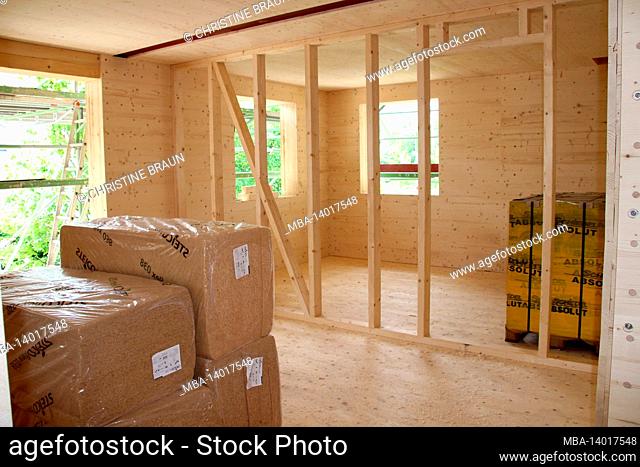 new building, house, construction, wood, brick, shell, wooden construction, insulation material, window, view from the ceiling