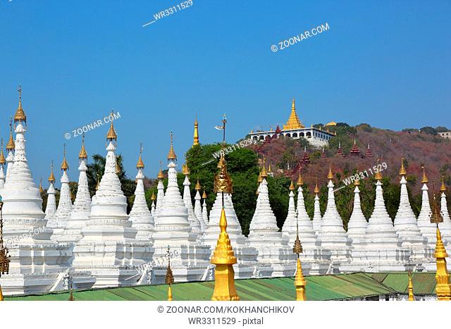 Large stupa forest of the Sandamuni Paya pagoda and Mandalay Hill, Myanmar (Burma)