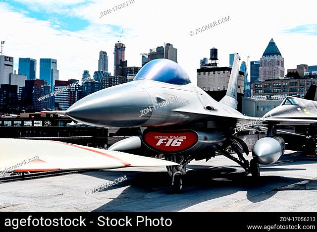 New York City, USA - June 21, 2018: F-16 General Dynamics Aircraft in Intrepid museum in New York. The USS Intrepid hosts the Intrepid Sea