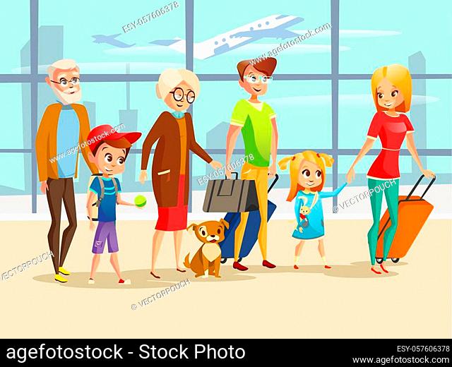 Family travel in airport illustration. Family kids, parents or grandparents and pet dog with traveling luggage bags in airport terminal for boarding on summer...