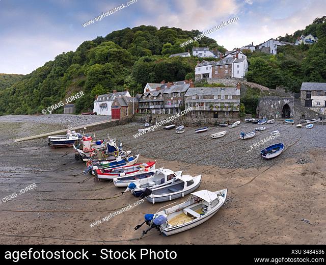 The harbour village of Clovelly on the North Devon coast from the harbour wall, England