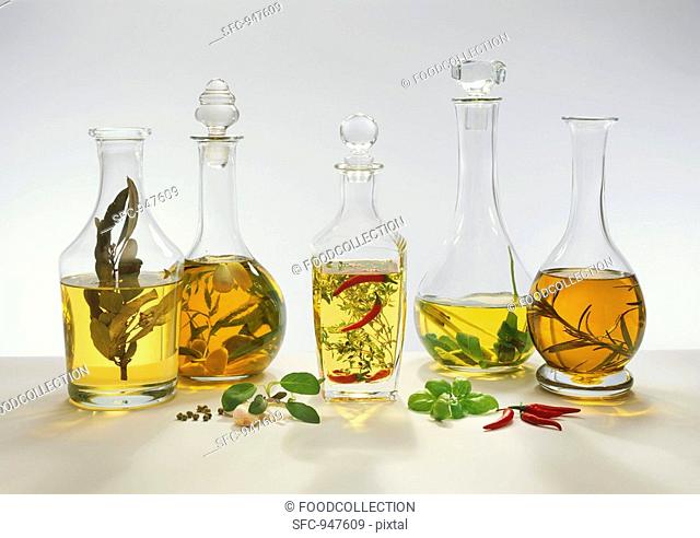 Five different flavoured vinegars