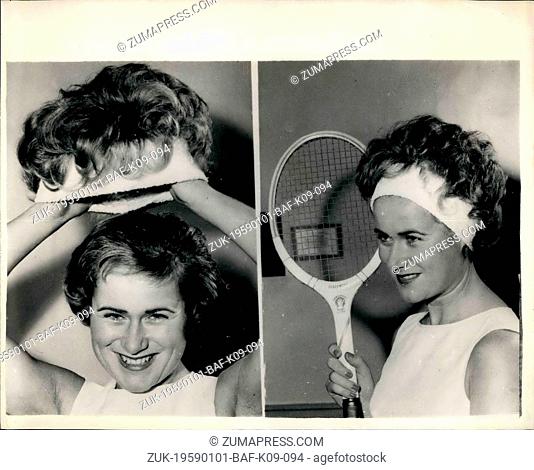 Jan. 01, 1959 - new styles by teddy Tinling on show on London. Shirley Bloomer and the 'Sportsgirl wig'. New styles for tennis-players and after -dark