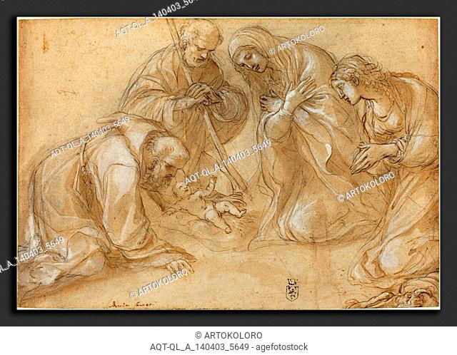 Lodovico Carracci (Italian, 1555 - 1619), The Nativity with Saints Francis and Agnes, c. 1605, pen and brown ink and brown wash with white heightening over...