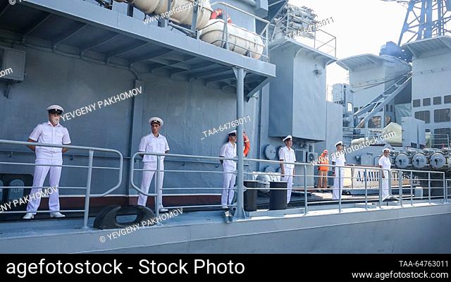 BANGLADESH, CHITTAGONG - NOVEMBER 12, 2023: Russian marines stand in formation on board the Russian destroyer Admiral Tributs of the Russian Navy's Pacific...