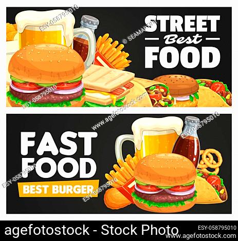 Fast food meals and snacks vector banner. Beer tankard, beef and turkey hamburger, sandwich, burrito and tacos, french fries, fried chicken legs and onion rings