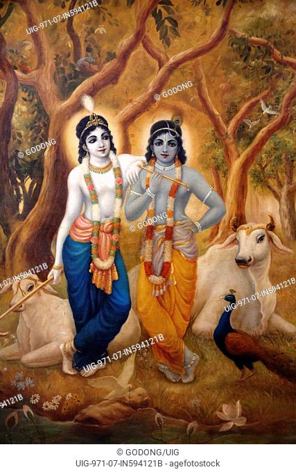 Painting depicting Hindu god Krishna standing next to his brother Balaram