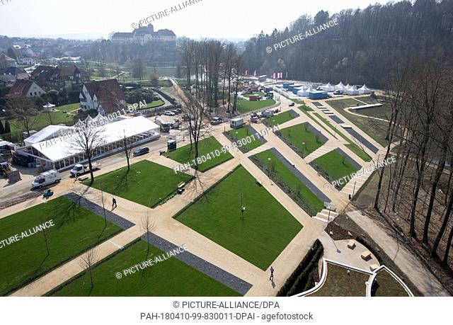 10 April 2018, Germany, Bad Iburg: View of the premises of this year's National Garden Show. In the distance, visitors can see the castle of Iburg