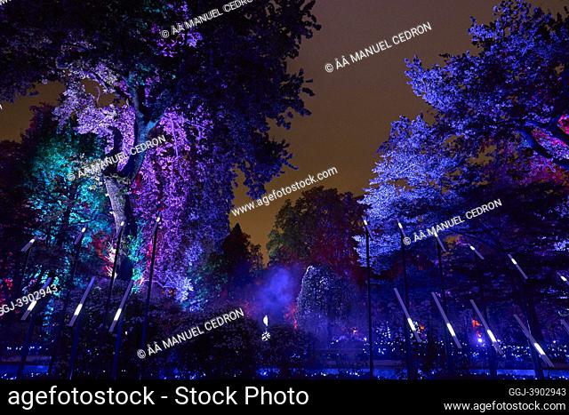 People enjoy the light show ‘Naturaleza Encendida’ Opening Exhibition at Royal Botanic Garden on November 2, 2021 in Madrid, Spain