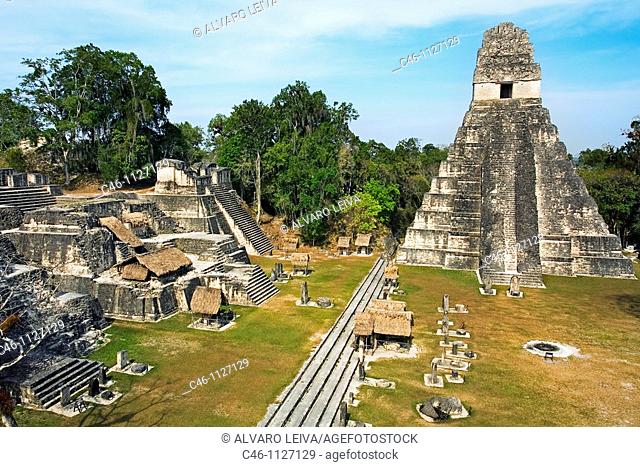 Great Plaza and Temple of the Giant Jaguar. Temple I.  Mayan ruins of Tikal. Guatemala