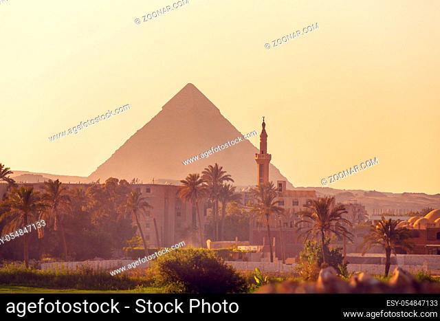 Panorama of the Great Pyramids of Giza, Egypt architecture, View from city