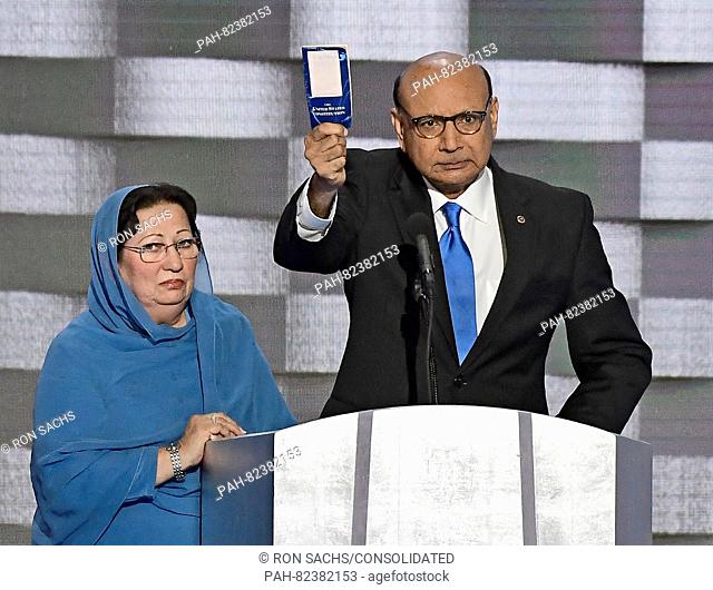 Khizr Khan holds a copy of the US Constitution as he makes remarks during the fourth session of the 2016 Democratic National Convention at the Wells Fargo...