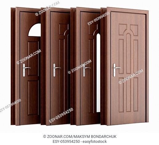 four wooden doors isolated on white background. 3d illustration