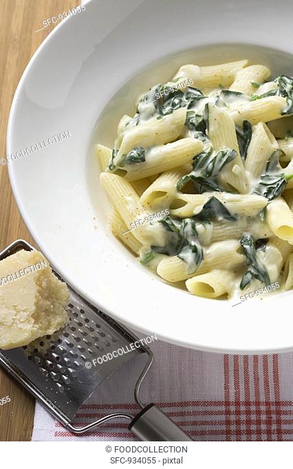 Penne rigate with spinach and cream sauce, Parmesan and grater