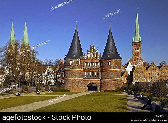 St. Mary's Church, Holsten Gate, Salt Warehouse and St. Peter's Church, UNESCO World Heritage Lübeck Old Town, Schleswig-Holstein, Germany, Europe