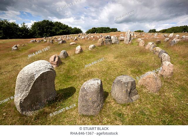Viking burial ground with stones placed in oval outline of a Viking ship, Lindholm Hoje, Aalborg, Jutland, Denmark, Scandinavia, Europe