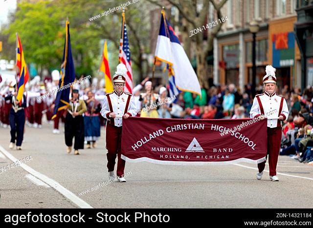 Holland, Michigan, USA - May 11, 2019: Tulip Time Parade, Members of the Holland Christian High School Marching Band, Performing during the parade
