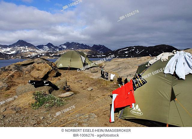 Camp site at Kong Oscar Fjord, Tasiilaq, Ammassalik, East Greenland, Greenland