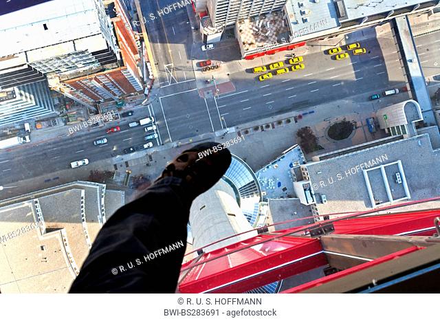 Bird's eye view from the Calgary Tower, leg over abysm, Canada, Canada, Alberta