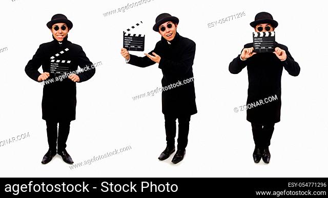 The young man with clapper-board isolated on white