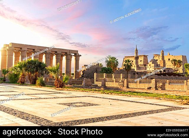 Luxor Temple columns and the First pylon, beautiful view from the square, Egypt