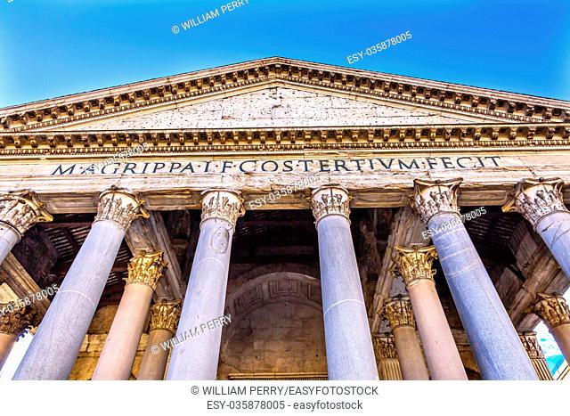 Pillars Pantheon Rome Italy Rebuilt by Hadrian in 118 to 125 ADthe Second Century Became oldest Roman church in 609 AD. Latin Words say that Marcus Agrippa made...