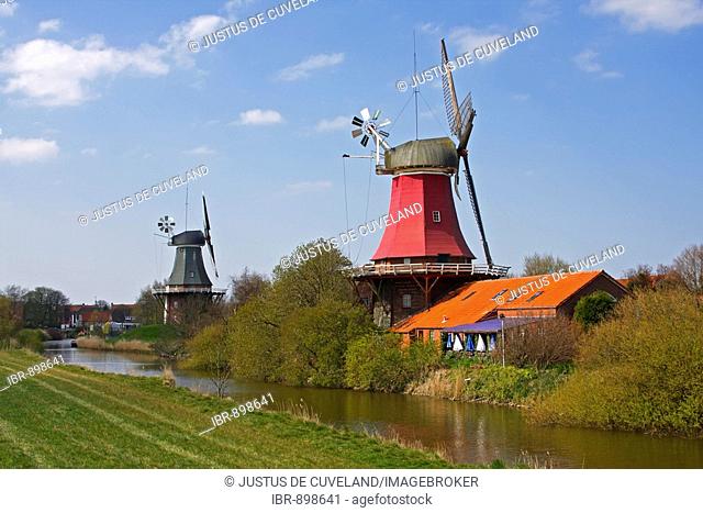 Twin mills in Greetsiel, windmill, built in the style of a two-storey Dutch gallery windmill with a wind rose, Krummhoern Greetsiel, Eastern Frisia
