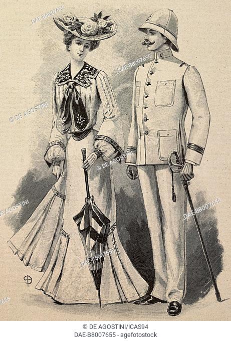Woman wearing a colonial canvas dress, blouse with puffed sleeves, straw hat with flowers, creation by Mademoiselle Louise Piret; man wearing a colonial captain...