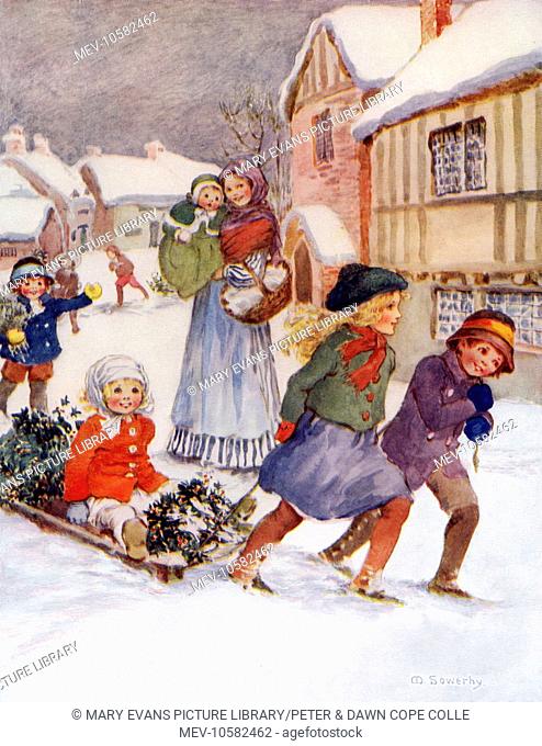 Christmas scene. Excited children pulling a holly-laden sleigh through the town. Artist: Millicent Sowerby