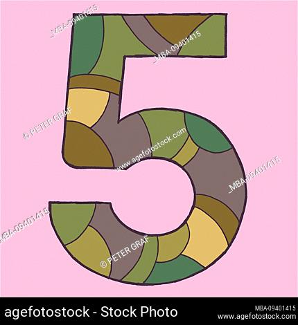 Figure five, drawn as a vector illustration, in greenish-brown camouflage colors on a light violet background in pop art style