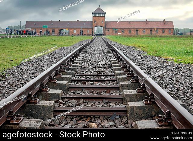 Auschwitz-Birkenau, Poland - May 15, 2019: Railway to WW2 nazi concentration and extermination camp Auschwitz-Birkenau in Poland