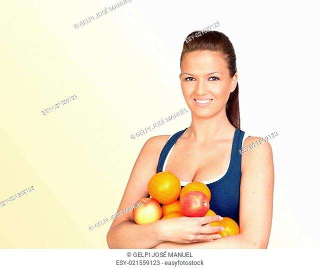 Gymnastics girl with many fruits