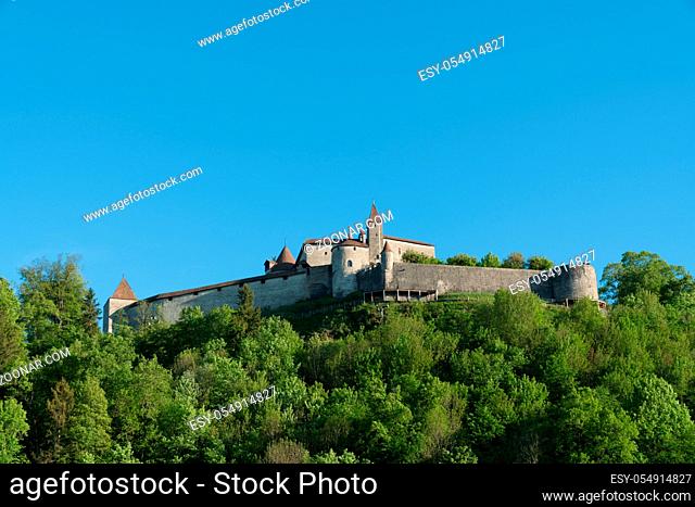 Greyerz, VD / Switzerland - 31 May 2019: the historic castle at Greyerz in the Swiss canton of Vaud