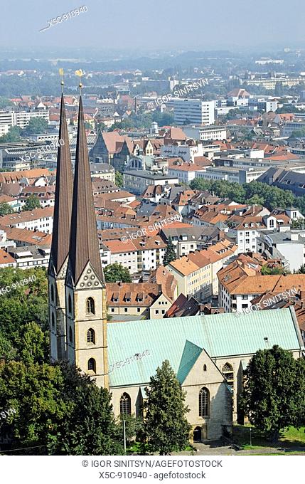 High view on the oldest city church Altstädter Nicolaikirche  It is a Gothic hall church with a height of 81 5 m 267 ft  It was founded in 1236 by the Bishop of...