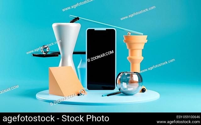Phone mockup on modern abstract pedestal in blue and orange tones. Balancing geometric shapes. Contemporary trendy style. Screen template for app