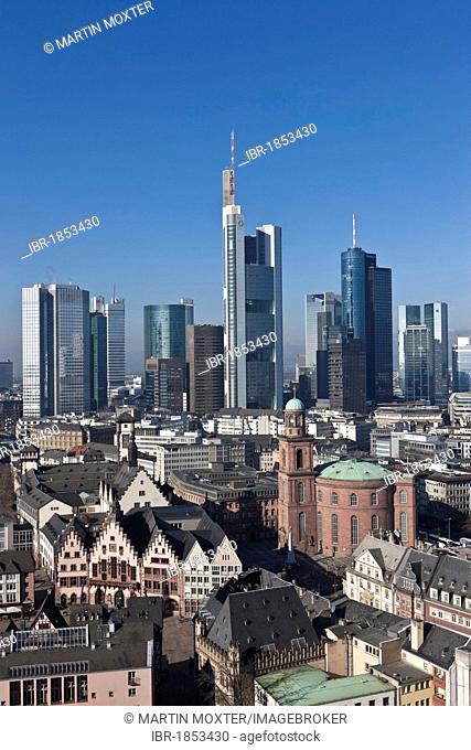 View of Frankfurt and its skyline, Commerzbank, Hessische Landesbank, Deutsche Bank, European Central Bank, Skyper building, Sparkasse, DZ Bank