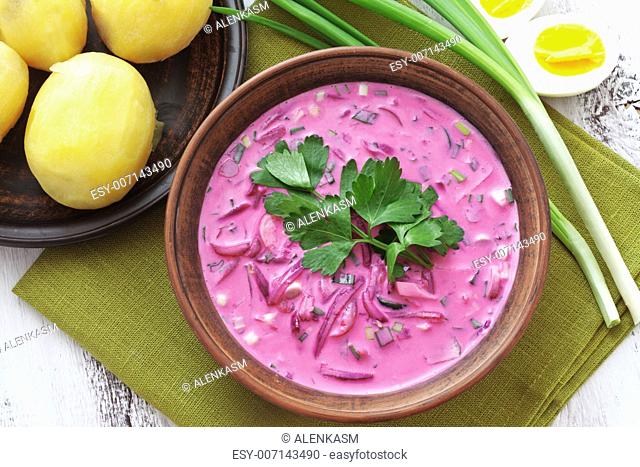 Traditional cold beet soup with vegetables