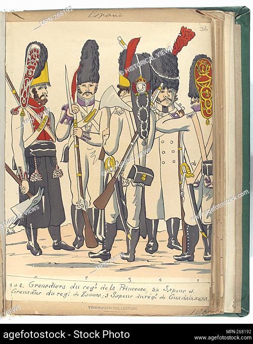 1 et 2. GrenadIers du reg-t de la Princesse; 3, 4. Sapeur et Grenadier du reg -t de Zamora; 5. Sapeur du reg-t de Guadalaxara. (1806)