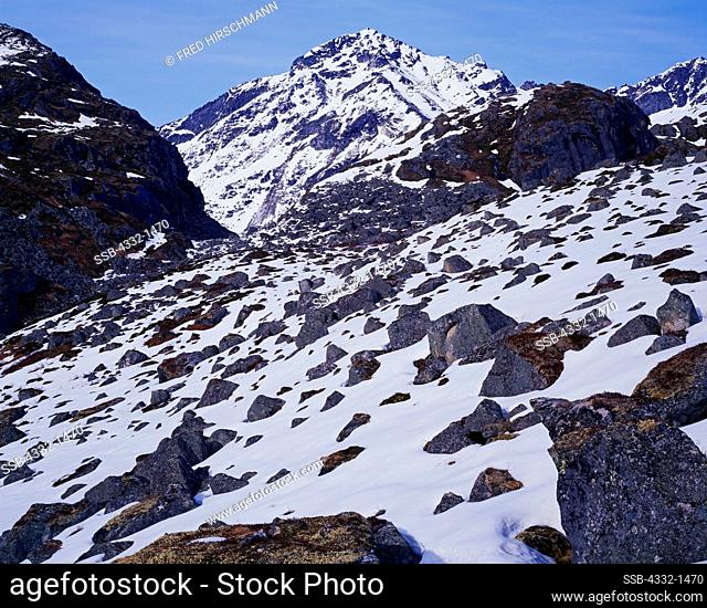 Snowy boulder field above Reed Creek, Talkeetna Mountains, Alaska