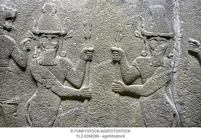 Hittite relief sculpted orthostat stone panel of Herald's Wall. Basalt, KarkamÄ±s, (KargamÄ±s), Carchemish (Karkemish), 900-700 B. C