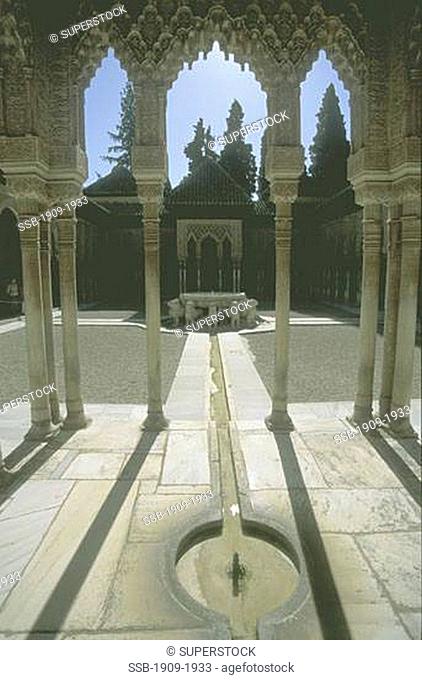 Chamber of the Lions Alhambra Granada Andalucia Spain Espana Europe Day time shot of the Patio of the Lions in the heart of the harem section of the Moorish...