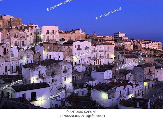 Italy, Apulia, Monte Sant Angelo, Junno District at Dusk