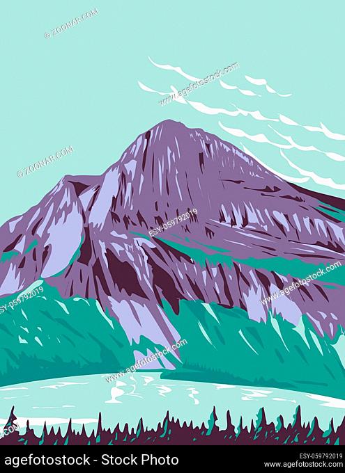 WPA poster art of Hidden Lake with Bearhat Mountain in background located in Glacier National Park, Montana USA done in works project administration style or...