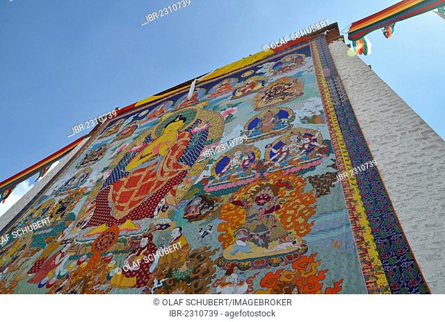 Tibetan Buddhism, religious fabric image, large Thangka of Sera, revealing of the Buddha image, at the Shoton or Choedoen or Yoghurt Festival, Sera Monastery