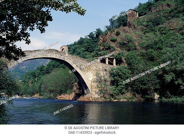 Devil's bridge or Bridge of Roch, over the Stura river, 14th century, Lanzo Torinese, Lanzo valley, Piedmont, Italy