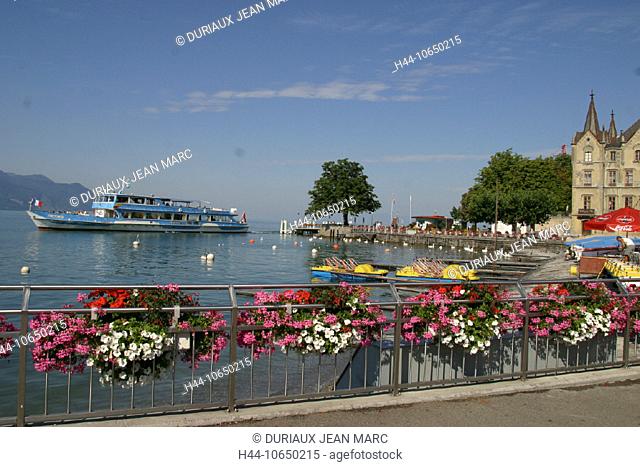 10650215, flowers, lake Geneva, harbour, port, canton Vaud, Lac Leman, Pedalos, ship, Switzerland, Europe, lake, sea, lake sho