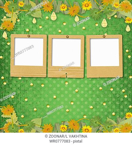 Paper slides on the abstract background with bunch of flowers and streamers
