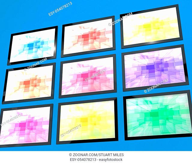 Nine TV Monitors Wall Mounted In Different Colors Representing High Definition Televisions Or HDTV